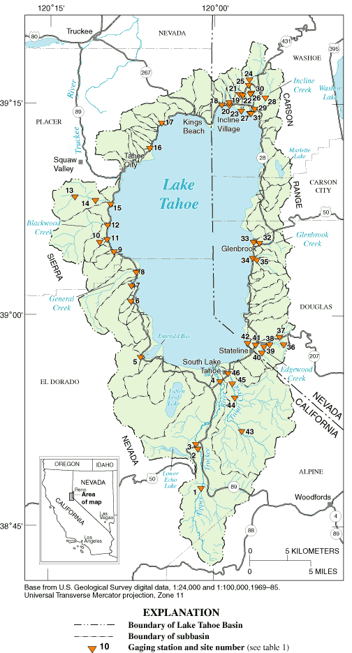 Map of geographic setting, showing hydrologic basins and selected gaging stations in the Lake Tahoe Basin