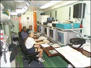 Photograph showing USGS scientists at sea inside a self-contained data-processing van