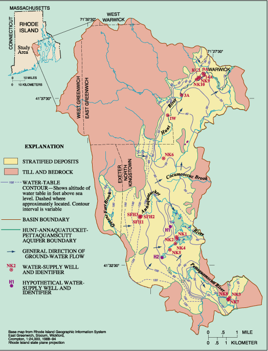 Map showing the location of the Hunt-Annaquatucket-Pettaquamscutt Basin, Rhode Island, and map of the water table in the Hunt-Annaquatucket-Pettaquamscutt aquifer, October 1996