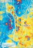 Figure 8. Yucca Flat Nuclear Test Site, Nevada. InSAR monitoring shows fault-controlled deformation from the dissipation of residual ground-water pore-fluid pressure changes in response to past underground nuclear weapons testing.