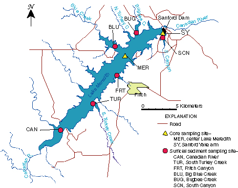 Figure 1. Map showing Lake Meredith sampling sites.