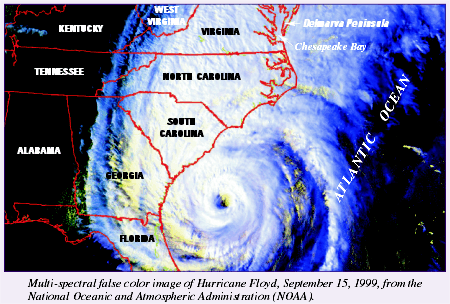 Multi-spectral false color image of Hurricane Floyd, September 15, 1999, from the National Oceanic and Atmospheric Administration (NOAA). (Click to view larger image)