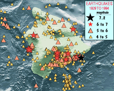 Map showing earthquakes on Hawai`i
