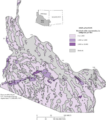 Figure 2. Dissolved-solids concentrations in basin-fill aquifers in Arizona and New Mexico.