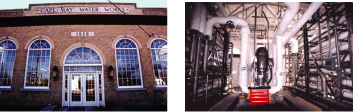 (Left photograph) A desalination plant for the City of Cape May, New Jersey, was built inside the brick building of the former Cape May Water Works. (Right photograph) The automated desalination plant can produce from 750,000 to 2 million gallons of water per day.