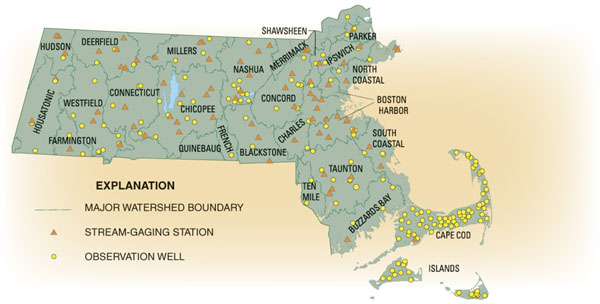 Simplified map showing locations of USGS stream gages and observation wells in Massachusetts