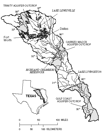 Map showing location of major aquifers in the Trinity River Basin.