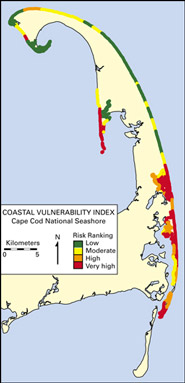 Map showing the coastal vulnerability index for the Cape Cod National Seashore in Massachusetts