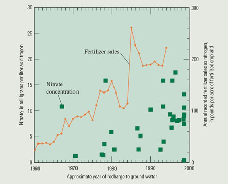 FIGURE 4. Ground-water nitrate concentrations and year of recharge compared to the recorded fertilizer sales in Scotts Bluff County per unit area of fertilized cropland. 
