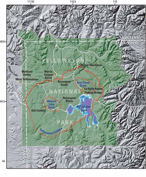 map of Yellowstone National Park showing two domes in the central part