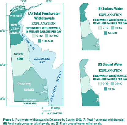 Figure 1. Freshwater withdrawals in Delaware by County, 2000. (A) Total freshwater withdrawals; (B) Fresh surface-water withdrawals; and (C) Fresh ground-water withdrawals. (Click to view larger image)