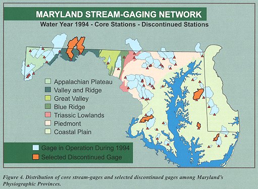 Distribution of core stream-gages and selected discontinued gages among Maryland's Physiographic Provinces