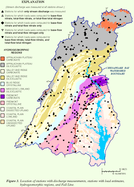 Figure 3. Location of stations with discharge measurements, stations with load estimates, hydrogeomorphic regions, and Fall Line. (Click to view larger image)