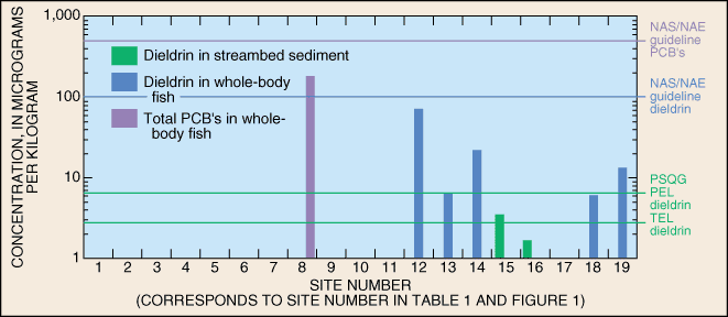 Figure 4. Concentrations of PCB's and dieldrin in streambed sediment and whole-body fish.