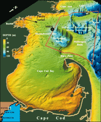 Perspective map of Massachusetts Bay and Cape Cod Bay illustrating the complex underwater topography.