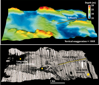 Top: Sea-floor topography in the region of the future ocean outfall. The submerged hills (tops about 20 m from the surface and shown capped in red) in this region are similar in size and shape to the harbor islands  Bottom: Reflectivity of bottom sediments, measured by sidescan sonar and superimposed on the bathymetry, showing a complex pattern that indicates differences in the sea-floor environment.