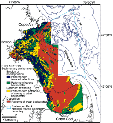 Distribution of sedimentary environments in the Boston Harbor-Massachusetts Bay sedimentary system.