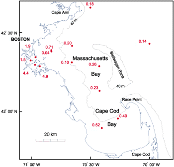 Concentration of silver in surficial sediments (in micrograms per gram of dry sediment).