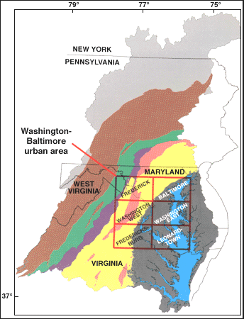 Area of Washington-Baltimore geologic mapping in relation to Chesapeake Bay watershed physiographic provinces