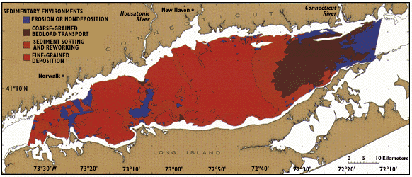 Reconnaissance map showing the distribution of sedimentary environments across the Long Island Sound estuary.