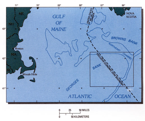 Map showing the location of the U.S. Geological Survey and National Marine Fisheries Service research area on eastern Georges Bank.