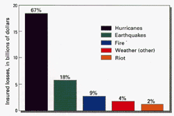 Bar graph showing that hurricanes are responsible for 67% of insured losses.