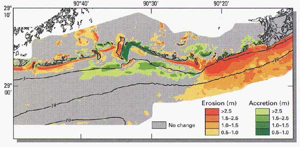 Seafloor change from the 1930's to the 1980's for the region of coastal Louisiana hardest hit by Hurricane Andrew.