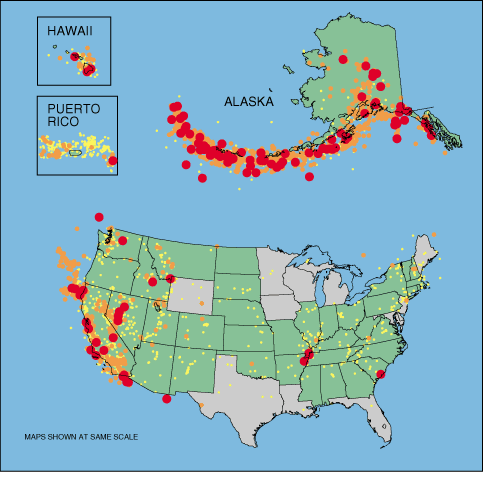 map of United States showing strong-motion instrumentation network