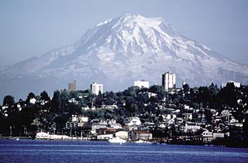 Mount Rainier rising above the Seattle-Tacoma skyline