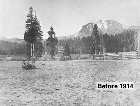 Photograph showing Lassen Peak volcano in northern California taken in 1914 before a large eruption in 1915
