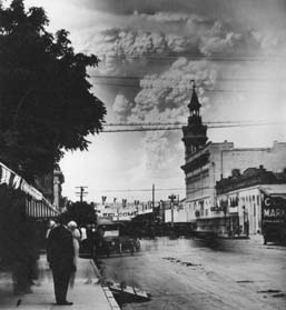 photograph of a column of volcanic ash from Mount Lassen rising some 30,000 feet above the town of Red Bluff, California