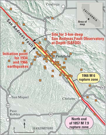 map showing study area for the Parkfield Earthquake experiment