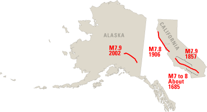index map of Alaska and California showing three different strike-slip earthquakes