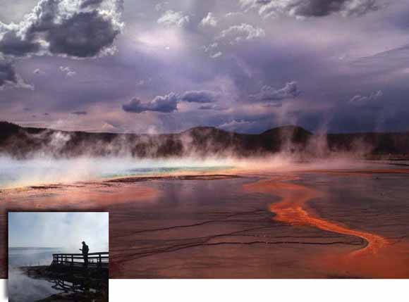 photograph of geyser basin with steam in background.  Inset photo of person on boardwalk out over steamy basin