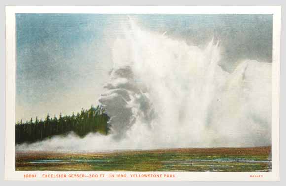 painting showing steam explosion reaching far into the blue sky; forest in background and wet meadow in foreground