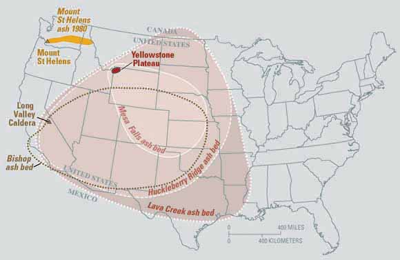 Map of United States showing small ash deposit for Mt. St. Helens covering only parts of two states compared to large ash deposits from Yellowstone and Long Valley covering half the country.