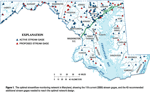 Figure 1. The optimal streamflow-monitoring network in Maryland, showing the 119 current (2005) stream gages, and the 43 recommended additional stream gages needed to reach the optimal network design. (Click to view larger image)