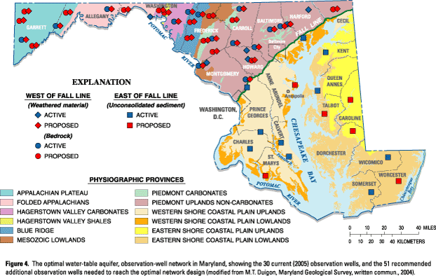 Figure 4. The optimal water-table aquifer, observation-well network in Maryland, showing the 30 current (2005) observation wells, and the 51 recommended additional observation wells needed to reach the optimal network design (modified from M.T. Duigon, Maryland Geological Survey, written commun., 2004). (Click to view larger image)