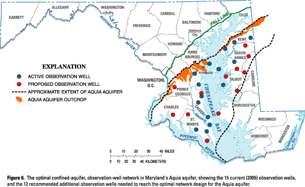 Figure 6. The optimal confined-aquifer, observation-well network in Maryland's Aquia aquifer, showing the 15 current (2005) observation wells, and the 12 recommended additional wells needed to reach the optimal network design for the Aquia aquifer. (Click to view larger image)