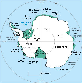 Index map showing the principal geographic features of Antarctica, including the ice shelves where large coastal-change events commonly occur.