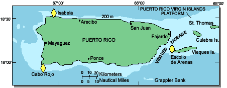 Map showing locations of three submerged sand deposit areas on the insular shelf of Puerto Rico.
