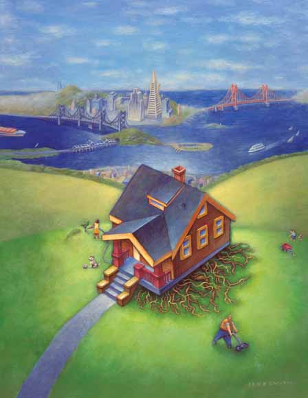 Cartoon of family home on a hilltop with roots growing under it and San Francisco Bay Area in the background.  Artwork by Jere Smith
