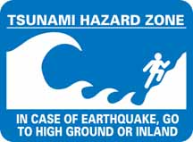 Tsunami Hazard Zone logo showing cartoon man getting to higher ground as wave crashes behind him
