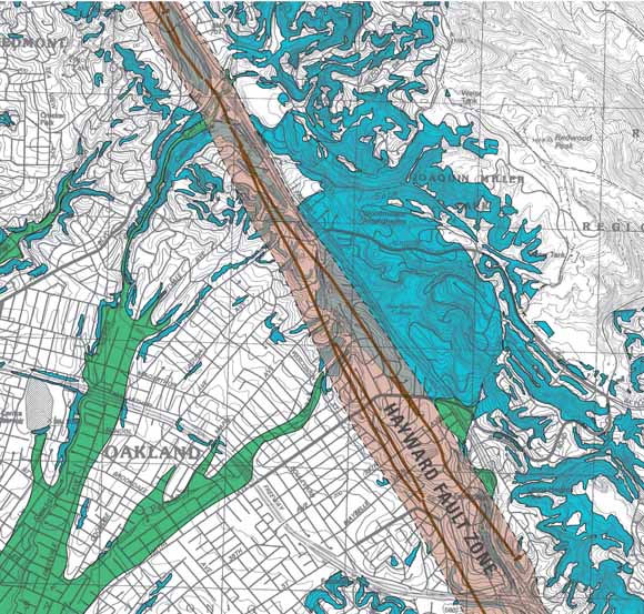 map of Haward Fault Zone in eastern Oakland just down the hill from Montera Middle School