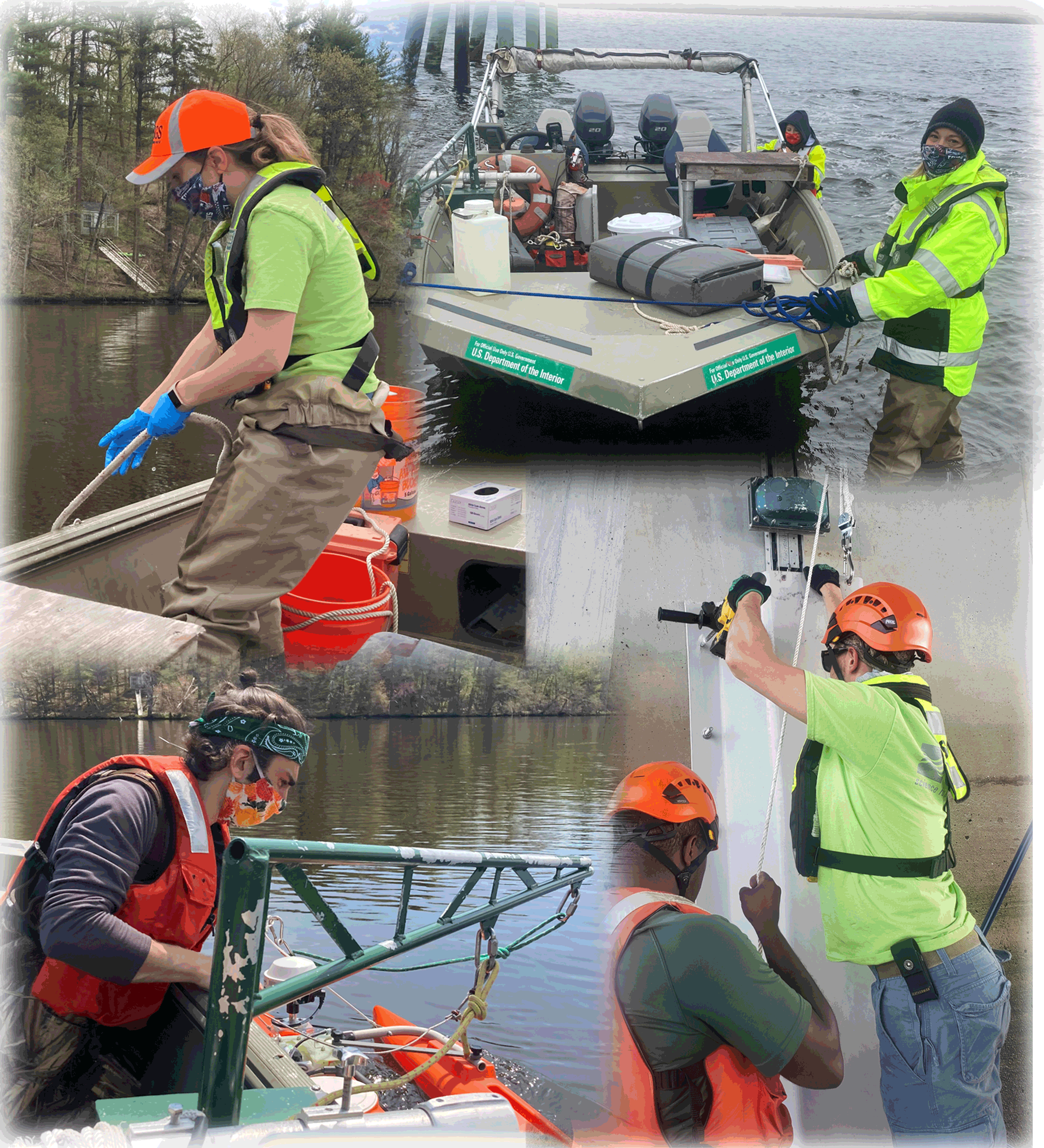 Photographic collage of employees wearing high-visibility clothing, life jackets,
                     and waterproof waders while working on boats and bridges.