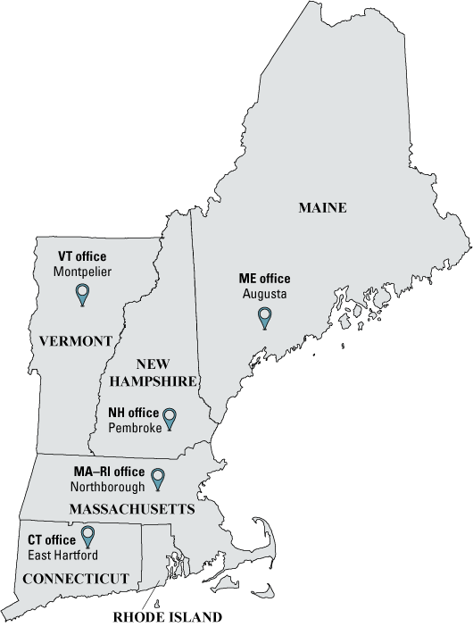 The New England Water Science Center has offices in East Hartford, Conn.; Northborough
                     Mass.; Pembroke, N.H.; Augusta, Maine; and Montpelier, Vt.