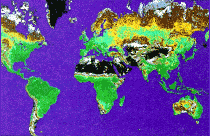 A small world map  with colors showing the index values.  This map shows smaller green areas.
