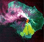 A false color photograph of  a volcano.