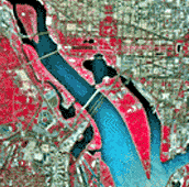 Medium-altitude  color photograph of Washington, D.C., shows more details than figure 9.