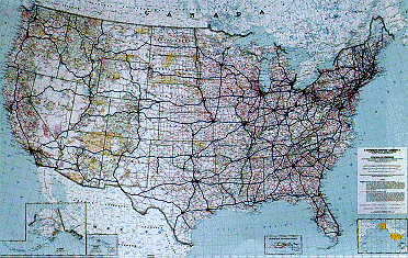 A color map of the USA showing state boundaries, highways and cities.